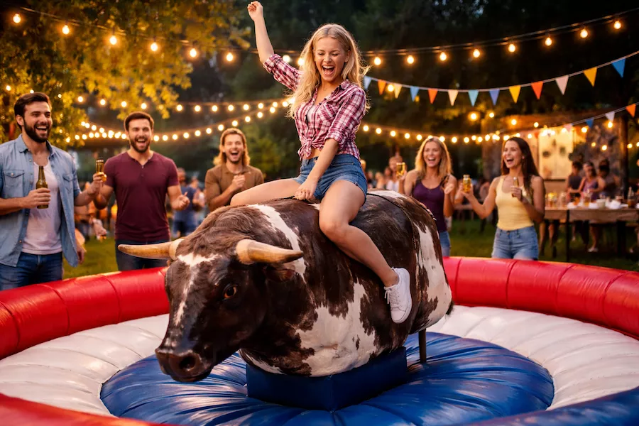 Mekanisk tjur som används som festaktivitet på event – kvällsstämning med publikhav, ljusslingor och färgglad dekoration i bakgrunden.